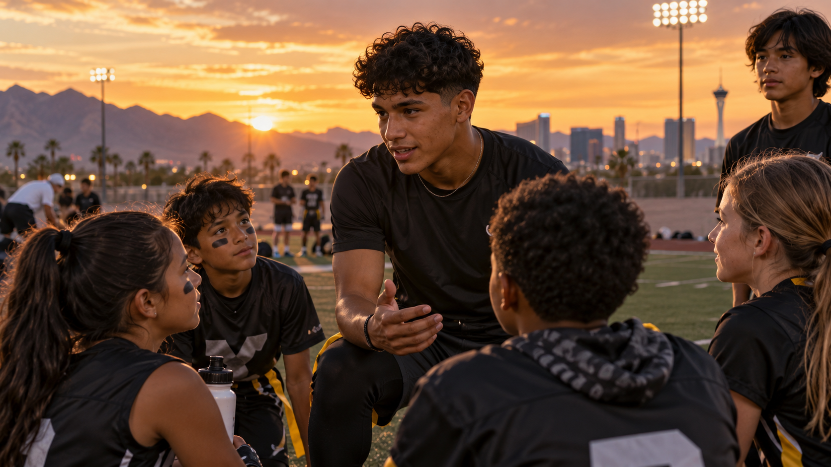 Young athletes listening to a teammate during football practice