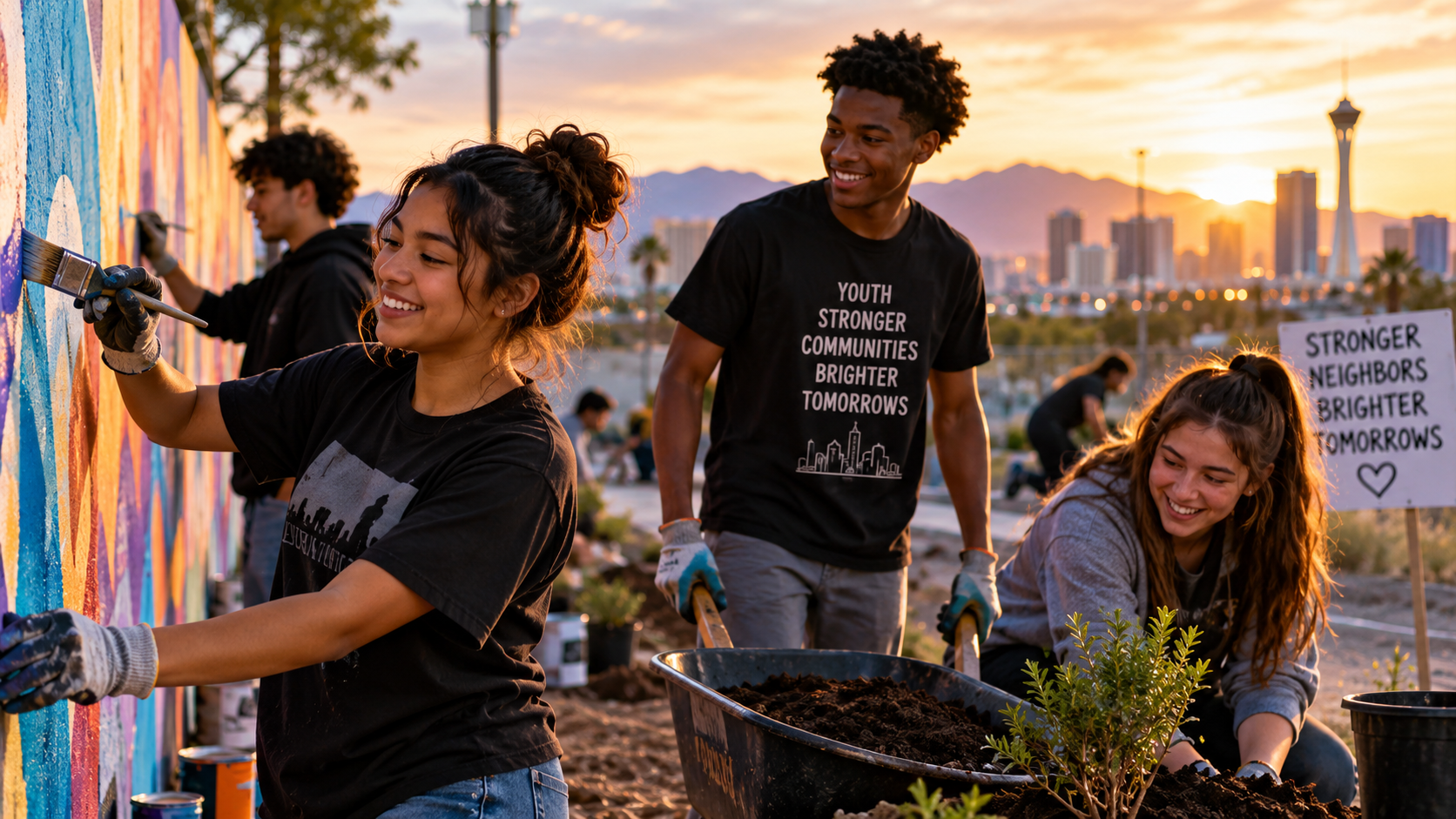 Young people working together on a neighborhood community improvement project