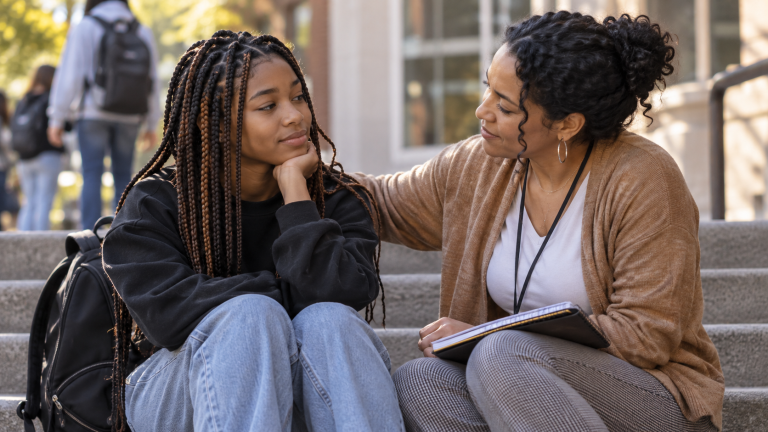 Teen talking with a trusted adult about stress and emotional wellbeing
